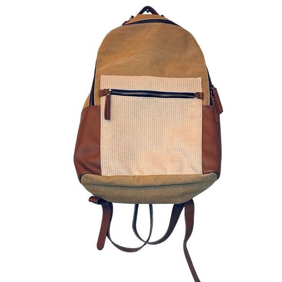 Madison West Colorblock Ribbed Trim Canvas & Vegan Leather Backpack Brown OS - Picture 1 of 8